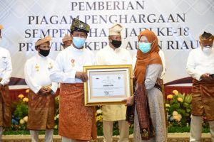 Gubernur Kepri Isdianto menyerahkan penghargaan kepada mantan Wali Kota Tanjungpinang, Suryatati A Manan